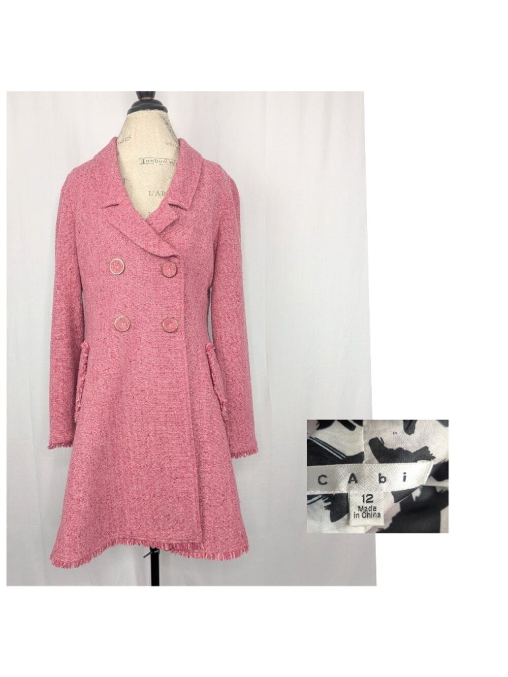 CAbi Pink Tweed Pea Cost 12 Large Fringe Midi